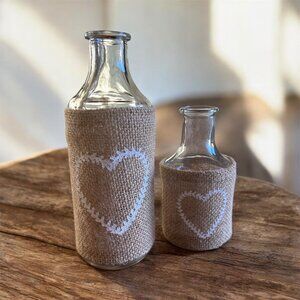 Rustic Glass Bottles With Burlap Heart Design Wedding Valentines day Decor Or Ho